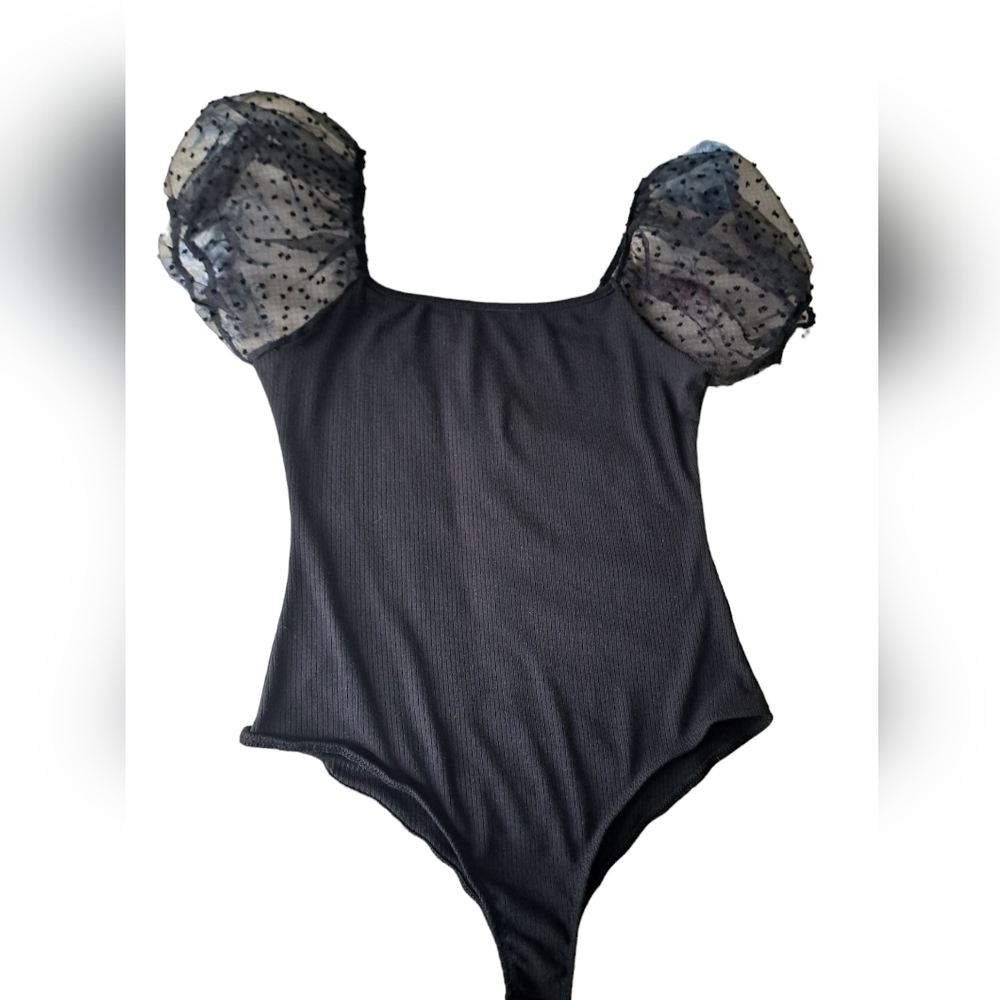 ALTAR'D STATE black ribbed bodysuit sheer pouffy short sleeves polka dots  M
